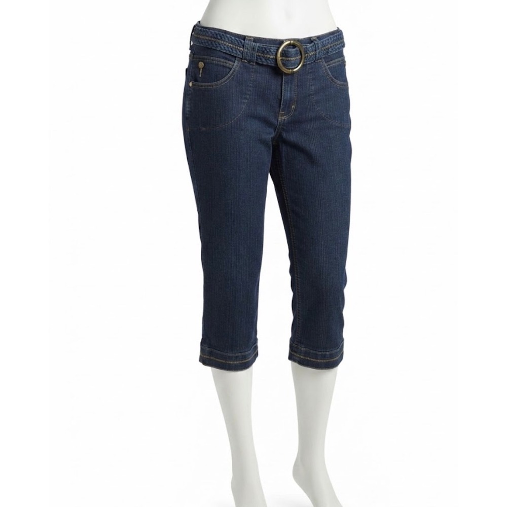 Out Jeans Women 14 Blue Denim Capri Pants Belted Stretch Y2K Mid Rise Retro Boho